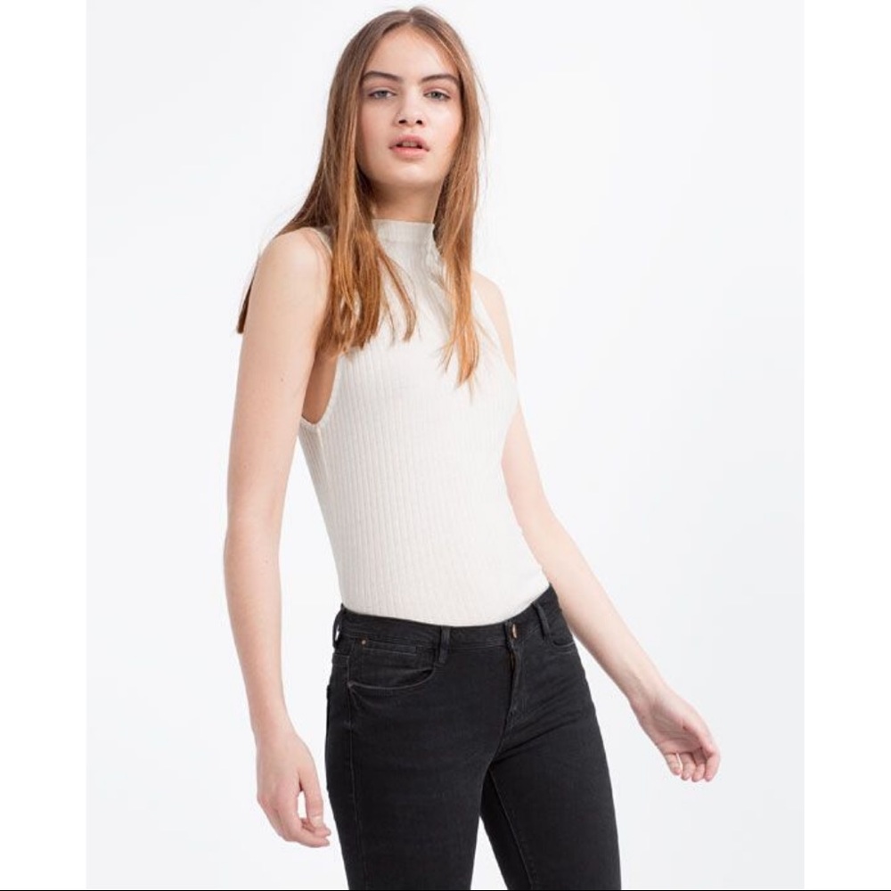 Zara Ribbed Knit White Sleeveless Top